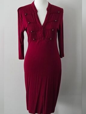 Fashion Magazine Burgundy Long Sleeve Midi Dress with Button Detail